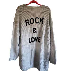 Fashion Gray Chunky Knit Cardigan Sweater Rock & Love Applique Oversized Slub XL